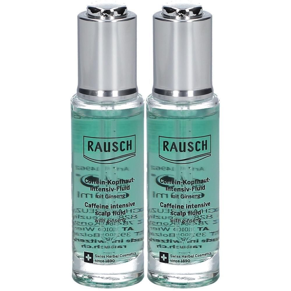 Zwei Flaschen mit silbernen Deckeln. Aufschrift: RAUSCH, Coffein-Kopfhaut-Intensiv-Fluid. Grünes Fluid sichtbar. Swiss Herbal Cosmetics.