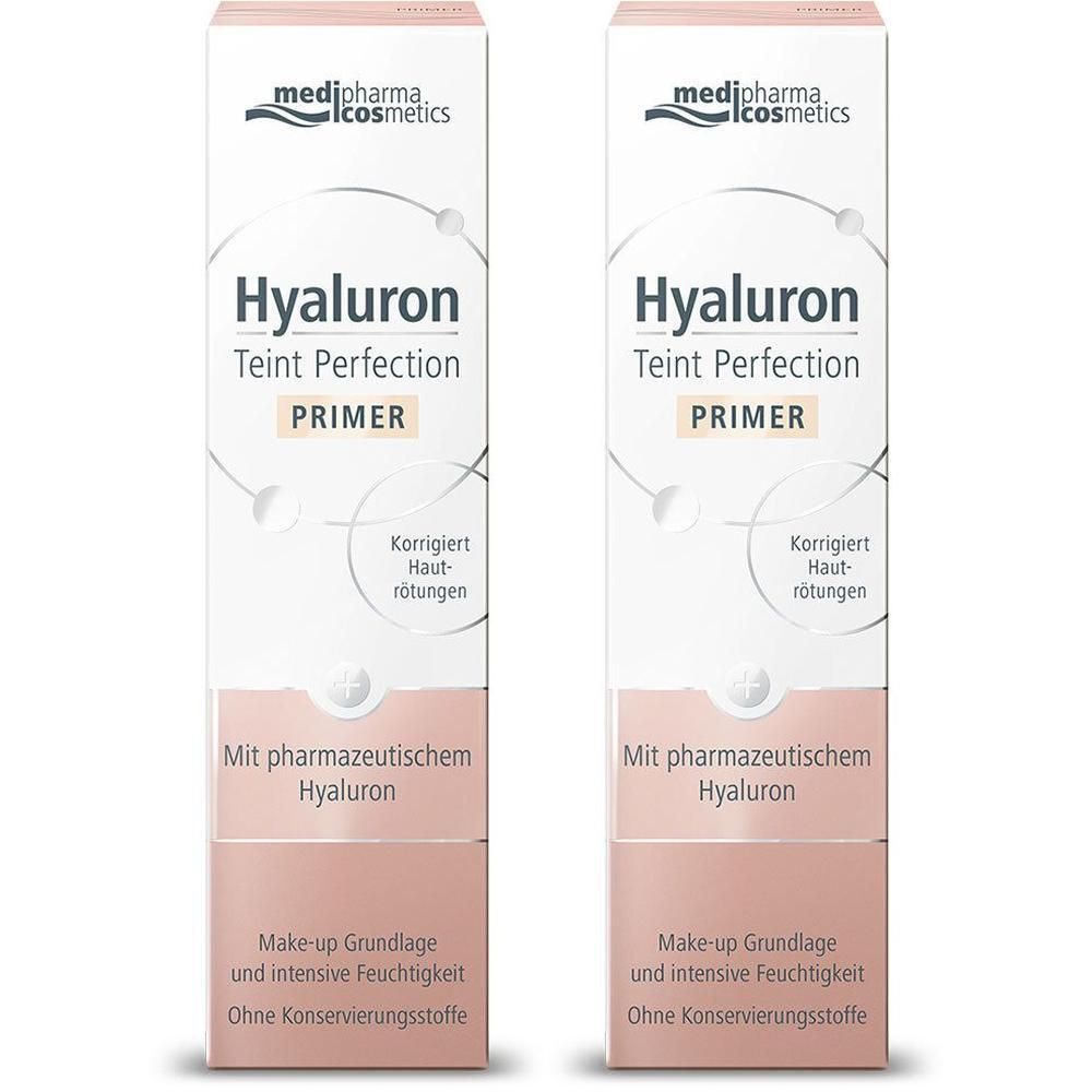 Zwei Tuben Primer. Weiß-rosa Verpackung mit Produktnamen und Logo. Text: Hyaluron Teint Perfection Primer. Korrigiert Hautrötungen.