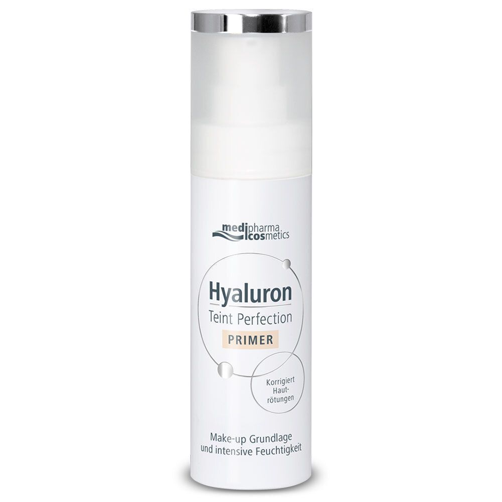 Weißer Spender mit silbernem Deckel. Produktname und Logo. Text: Hyaluron Teint Perfection Primer. Korrigiert Hautrötungen. Make-up Grundlage.