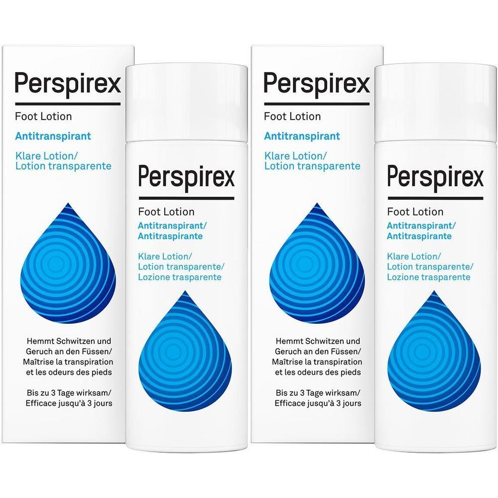 Vier weiße Flaschen und Kartons. Aufschrift: Perspirex Foot Lotion Antitranspirant. Blaue Tropfen-Grafik.