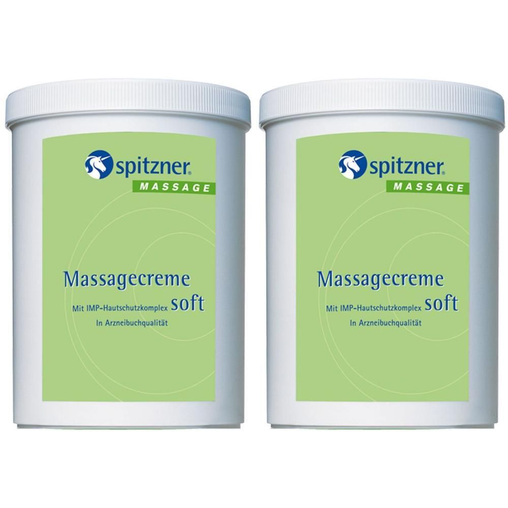 Zwei weiße Behälter mit grünen Etiketten. Aufschrift: spitzner. Massagecreme soft. Mit IMP-Hautschutzkomplex. In Arzneibuchqualität.