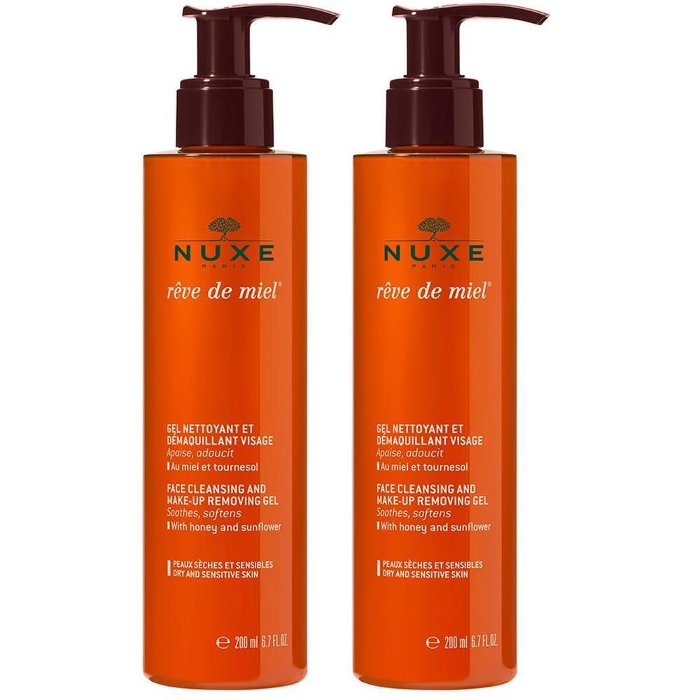 Zwei Flaschen mit braunen Pumpaufsätzen. Aufschrift: NUXE, Rêve de Miel. Gel Nettoyant et Demaquillant. Für trockene und empfindliche Haut.
