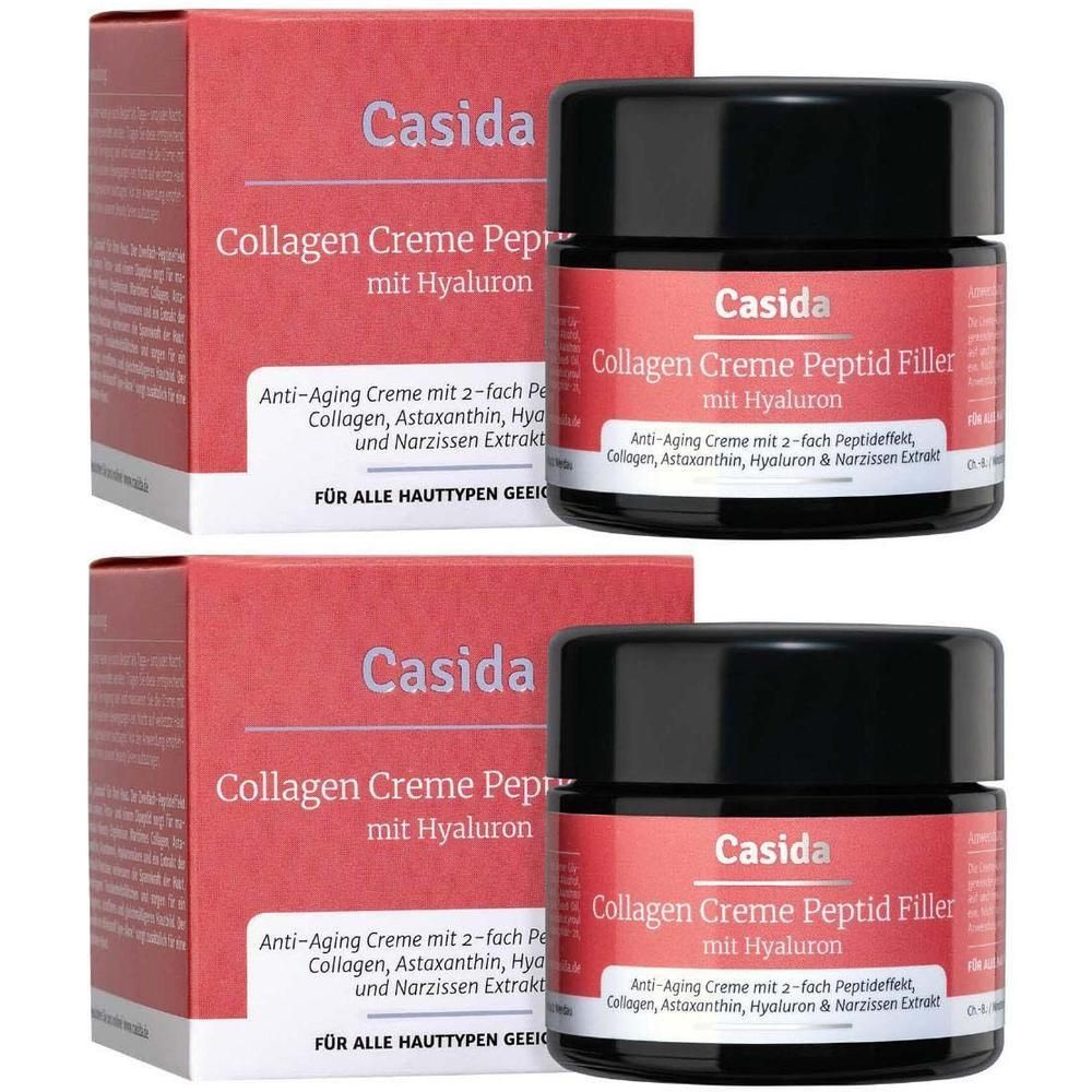 Zwei Tiegel und zwei Kartons COLLAGEN CREME Peptid Filler+Hyaluron 2x. Rote Verpackung mit weißer Schrift. Schwarze Tiegeldeckel.