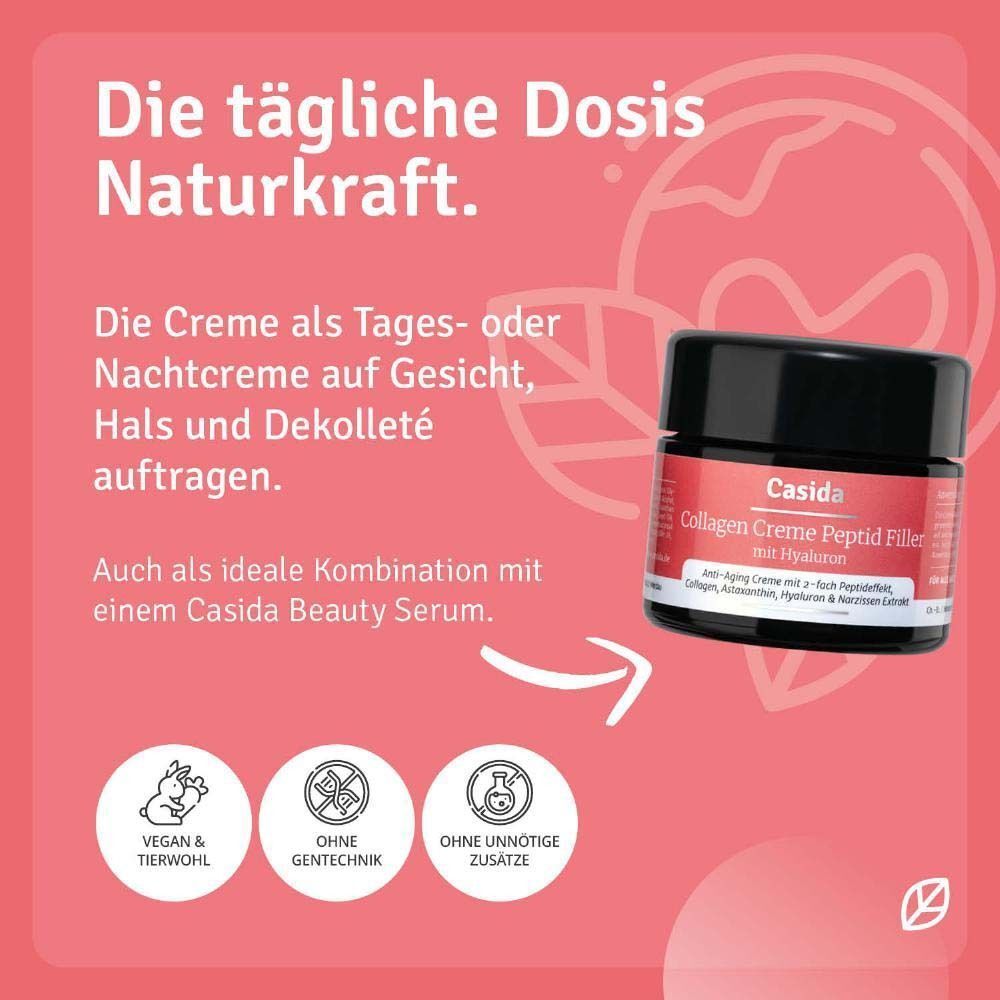 Tiegel COLLAGEN CREME Peptid Filler+Hyaluron mit Text. Text: Vegan & Tierwohl, Ohne Gentechnik, Ohne unnötige Zusätze. Pfeil.