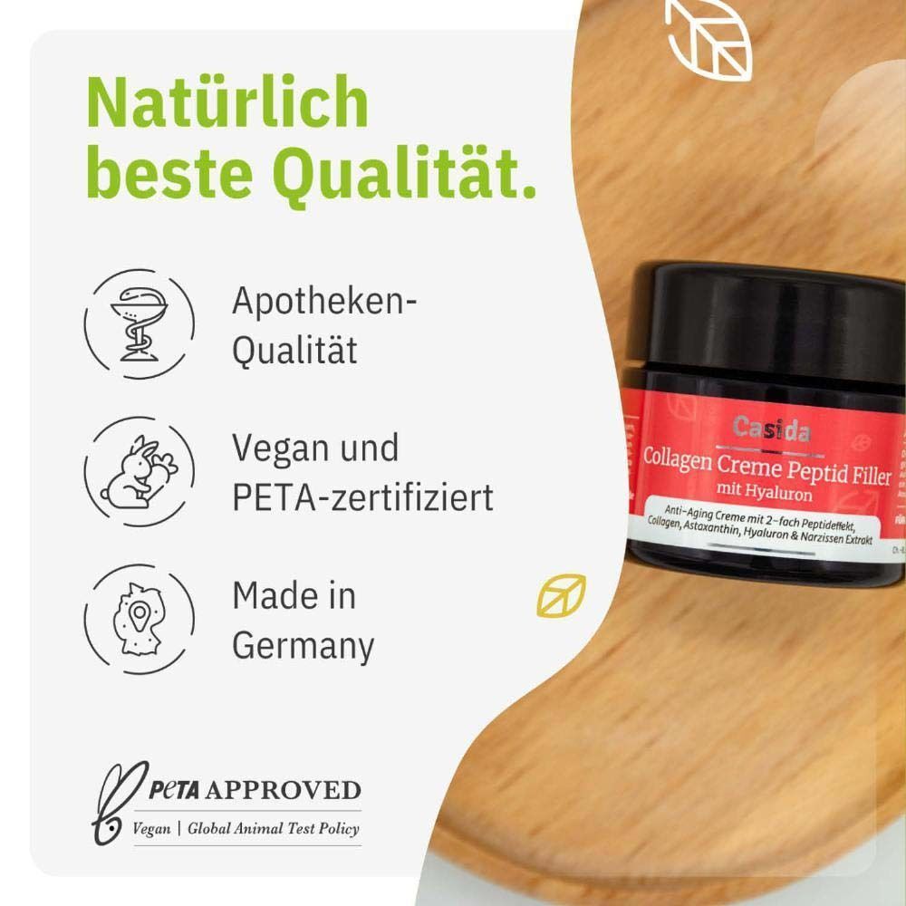 Tiegel COLLAGEN CREME Peptid Filler+Hyaluron auf Holz. Text: Apotheken-Qualität, Vegan und PETA-zertifiziert, Made in Germany.