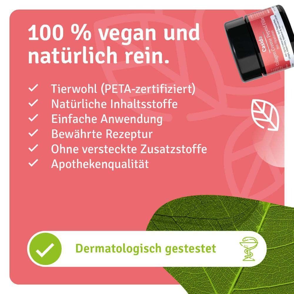 Text: 100 % vegan und natürlich rein. Tierwohl (PETA-zertifiziert), Natürliche Inhaltsstoffe, Einfache Anwendung, Apothekenqualität.