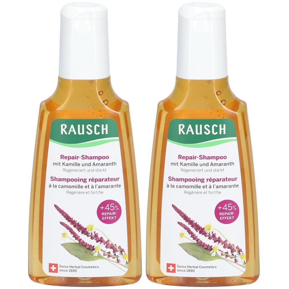 Zwei Flaschen Shampoo. Aufschrift: RAUSCH Repair-Shampoo mit Kamille und Amaranth. Schweizer Kräuterkosmetik. +45% Repair Effekt.