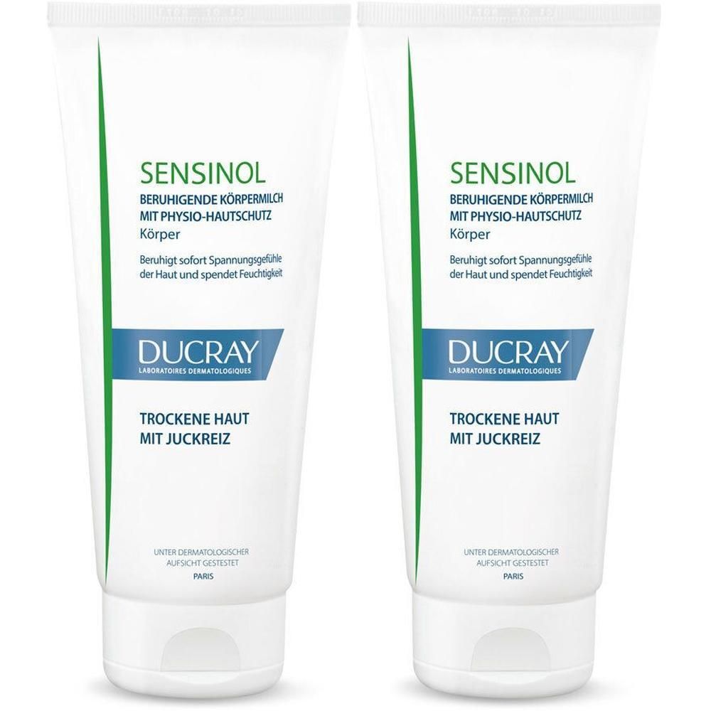 Zwei Tuben Körperlotion. Weißes Tubendesign mit grünen Akzenten. Text: SENSINOL, DUCRAY, beruhigende Körpermilch, trockene Haut.