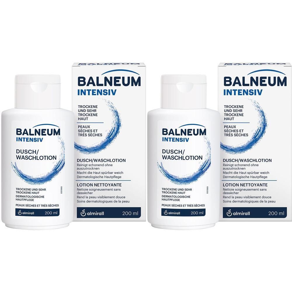 Mehrere Flaschen und Kartons mit Produktaufdruck. Aufschrift: BALNEUM Intensiv Dusch/Waschlotion für trockene Haut.