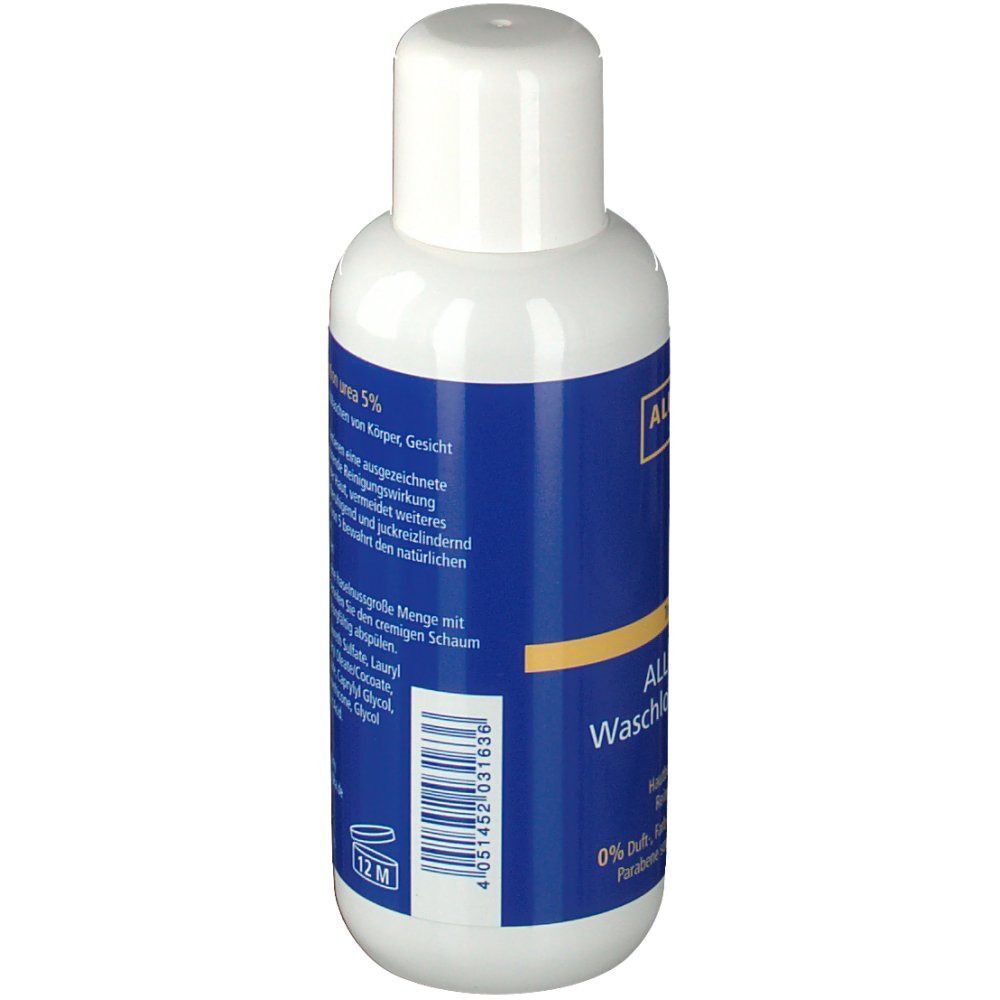 Weiße Flasche ALLERGIKA® Waschlotion Urea 5% mit blauem Etikett und weißem Deckel. Rückseite mit Text und Barcode.