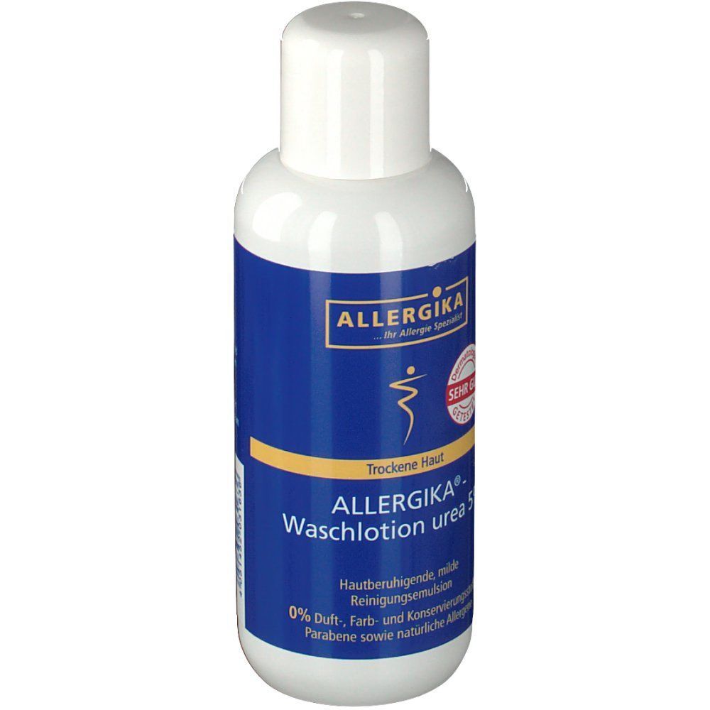 Weiße Flasche ALLERGIKA® Waschlotion Urea 5% mit blauem Etikett und weißem Deckel. Aufschrift und Logo.