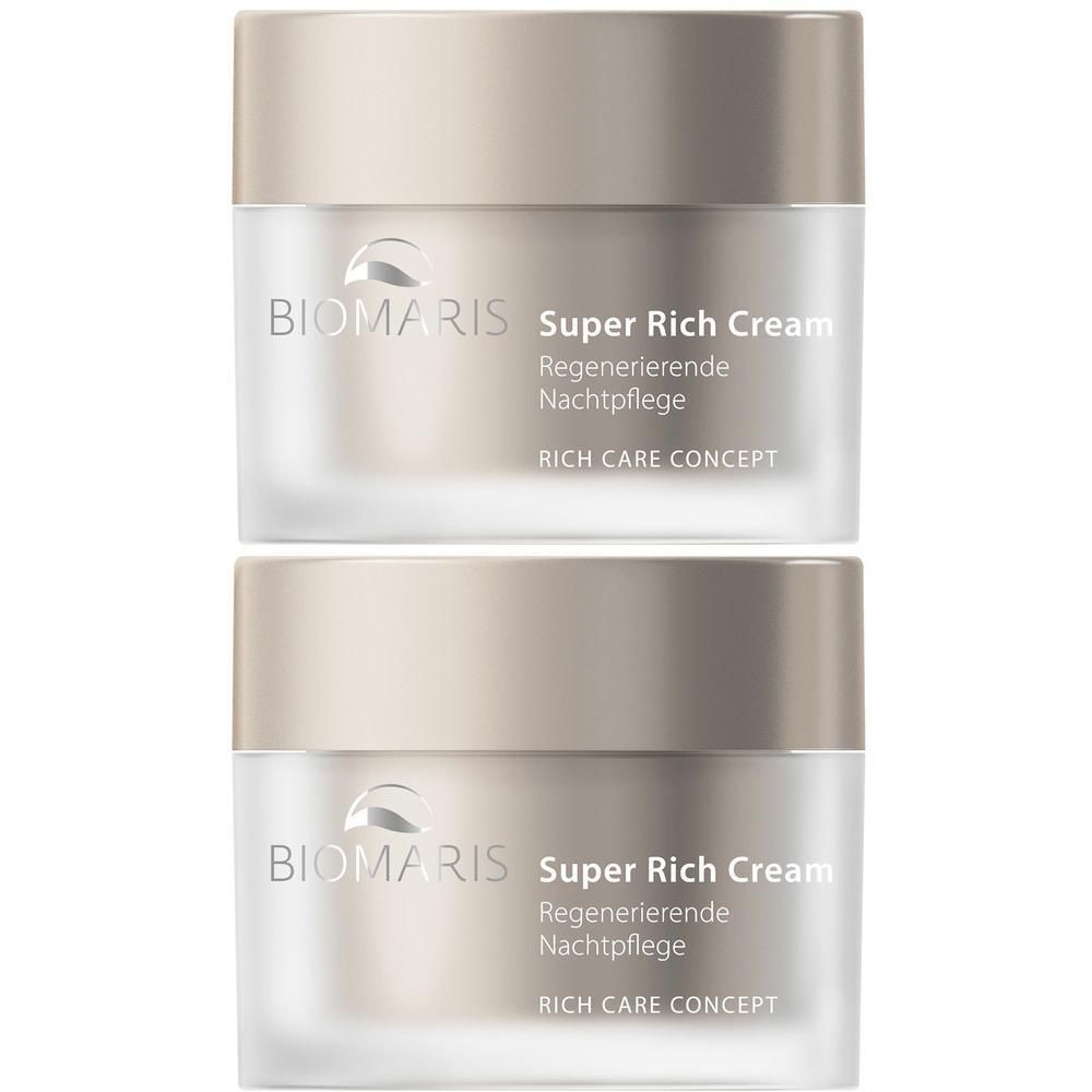 Zwei Cremetiegel mit Deckel. Aufschrift: BIOMARIS Super Rich Cream, Regenerierende Nachtpflege. Untertitel: RICH CARE CONCEPT.