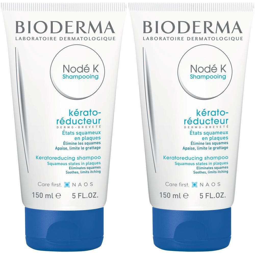 Zwei Tuben BIODERMA Node K Shampoo. Weiße Tuben mit blauem Deckel. Text: Node K, Kerato-réducteur, 150 ml, 5 FL.OZ.