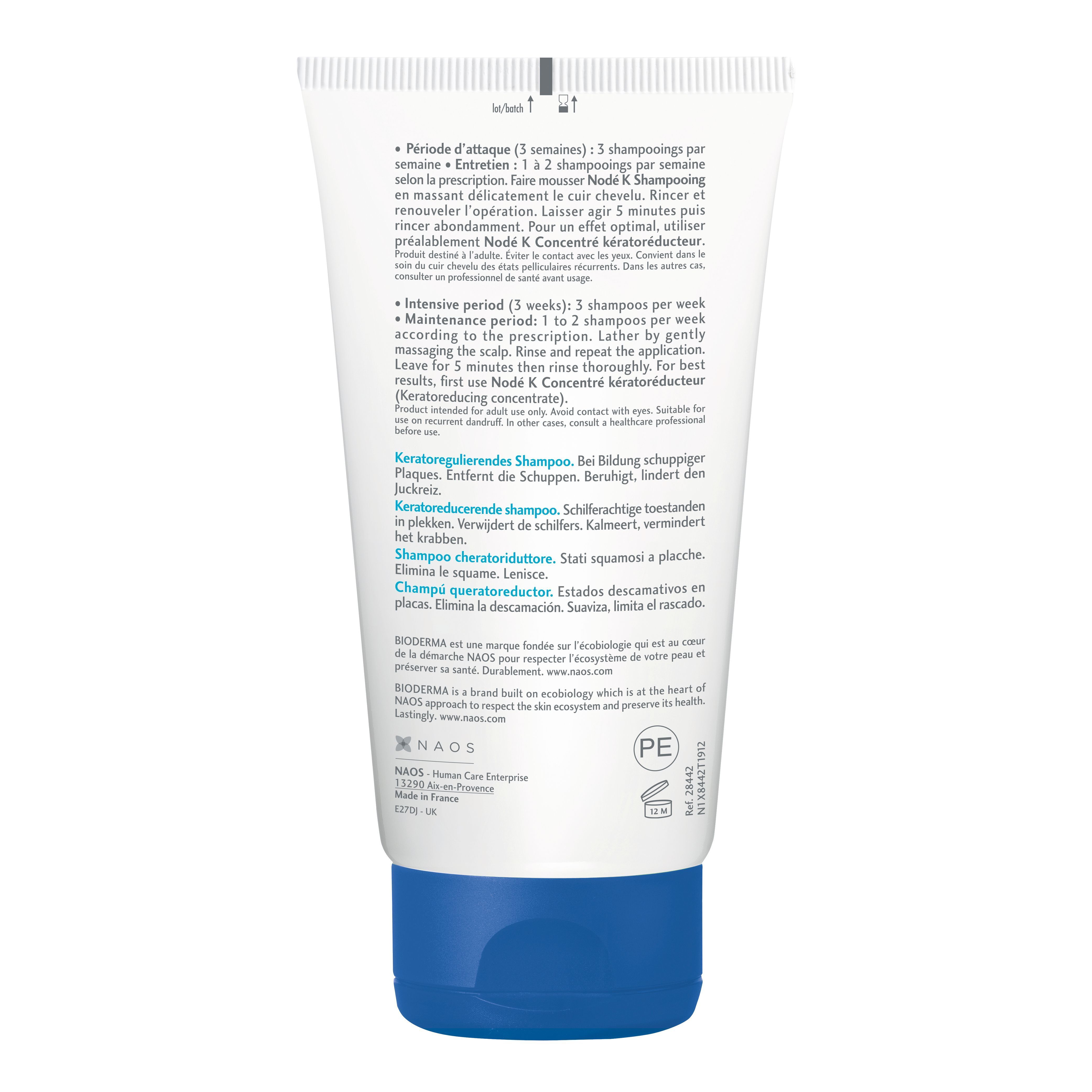Rückseite einer Tube BIODERMA Node K Shampoo. Text in mehreren Sprachen. Enthält Informationen zur Anwendung und Inhaltsstoffe.