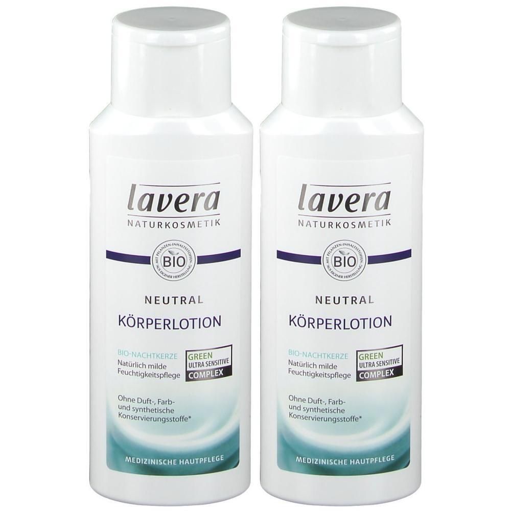 Zwei weiße Flaschen mit Deckel. Aufschrift: lavera NATURKOSMETIK, BIO, NEUTRAL KÖRPERLOTION. Grün-weiße Etiketten mit Text. Medizinische Hautpflege.