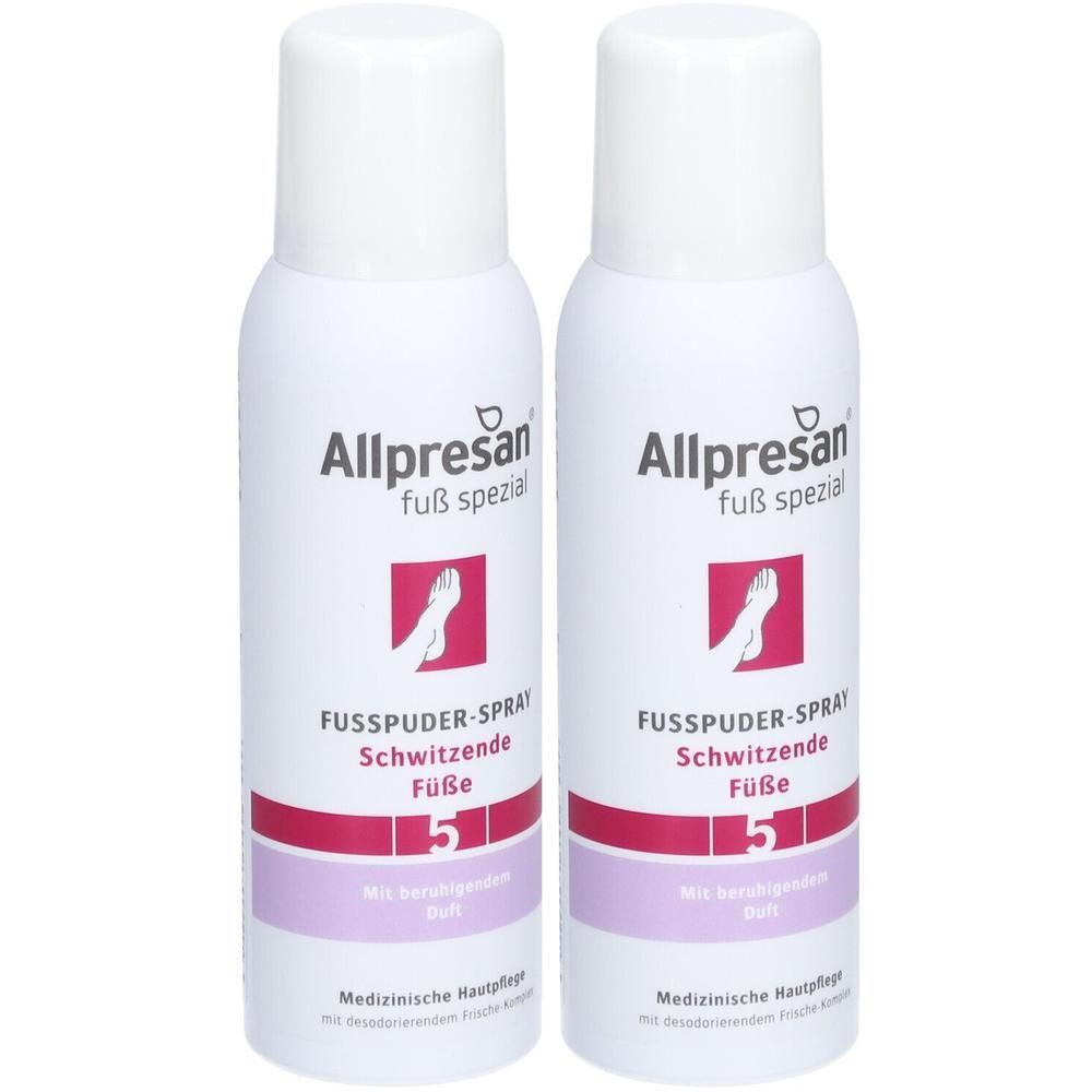 Zwei weiße Sprühflaschen mit weißem Deckel. Aufschrift: Allpresan Fuß spezial, Fußpuder-Spray, schwitzende Füße. Mit Serahigenen Duft.