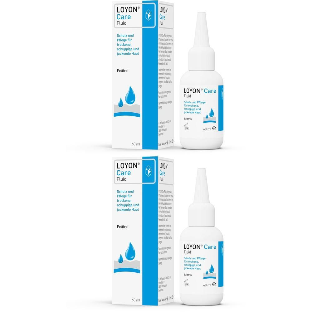 Zwei Flaschen und zwei Verpackungen LOYON Care Fluid. Weiße Flaschen mit blauer Beschriftung. Verpackung mit blauer und weißer Gestaltung.