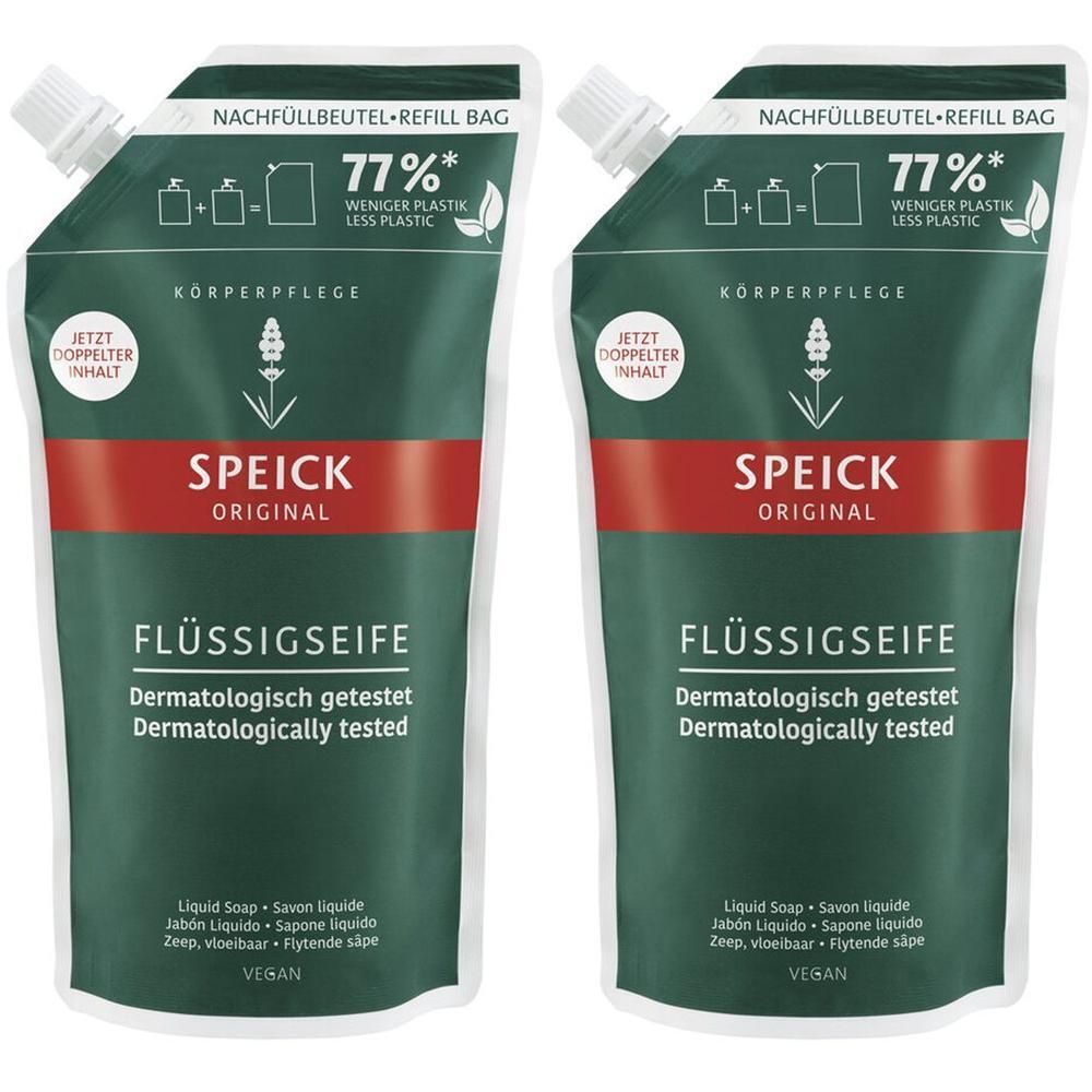 Zwei Nachfüllbeutel Flüssigseife. Grün-weißes Design mit rotem Streifen. Aufschrift: SPEICK Original, Flüssigseife, dermatologisch getestet. Vegan.