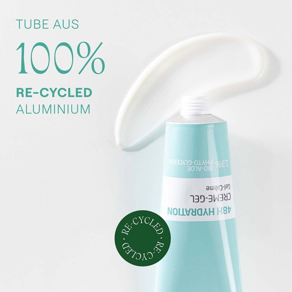 Tube aus recyceltem Aluminium. Creme-Gel-Klecks. Text: 100% recyceltes Aluminium.