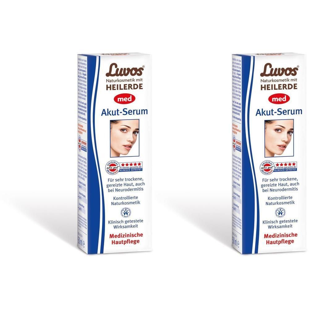 Zwei identische Kartons mit LUVOS Akut-Serum. Weiß mit blauem Design, Produktabbildung und Text. Medizinische Hautpflege.