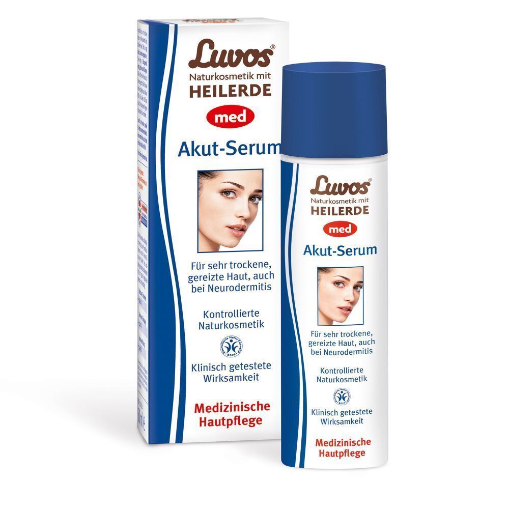 LUVOS Akut-Serum und Verpackung. Flasche mit blauem Deckel, weißem Etikett und Produktabbildung. Medizinische Hautpflege.