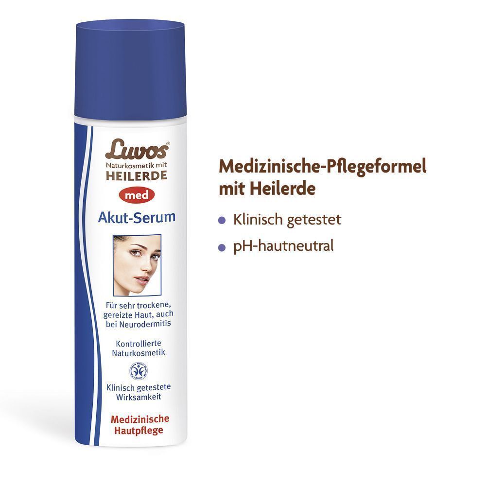 LUVOS Akut-Serum. Flasche mit blauem Deckel, weißem Etikett. Medizinische Pflegeformel mit Heilerde. pH-hautneutral.