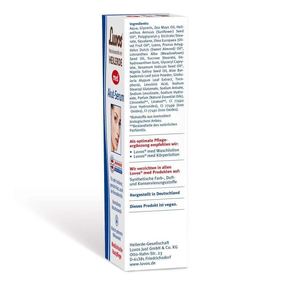 Textseite mit Inhaltsstoffen von LUVOS Akut-Serum. Enthält Aqua, Glycerin, Zink, Sonnenblumenöl, etc. Vegan.