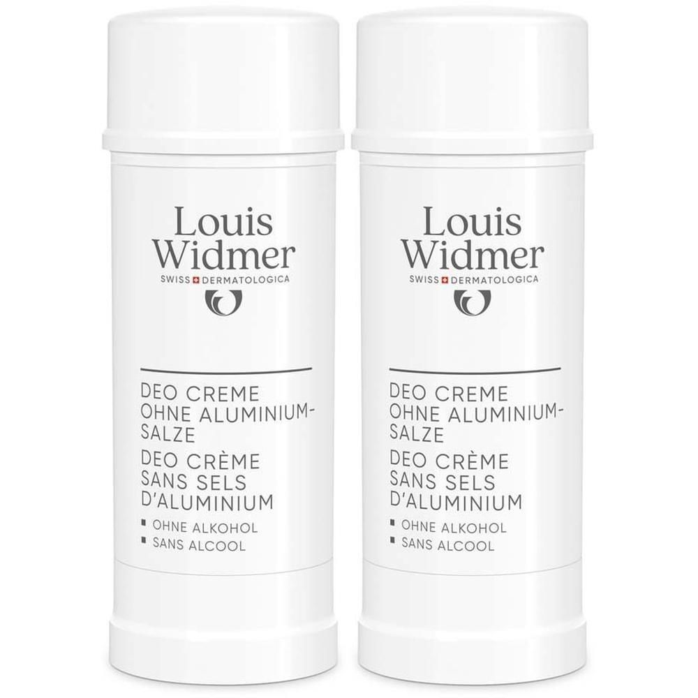 Zwei weiße Deo-Creme-Stifte. Aufschrift: Louis Widmer, Deo Creme ohne Aluminiumsalze, ohne Alkohol. Schweizer Dermatologica.