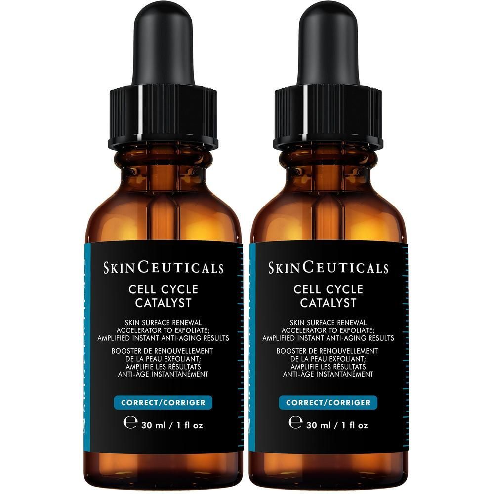 Zwei Flaschen SKINCEUTICALS Cell Cycle Catalyst. Braune Glasflaschen mit schwarzer Pipette. Blaue Etiketten mit weißer Schrift.