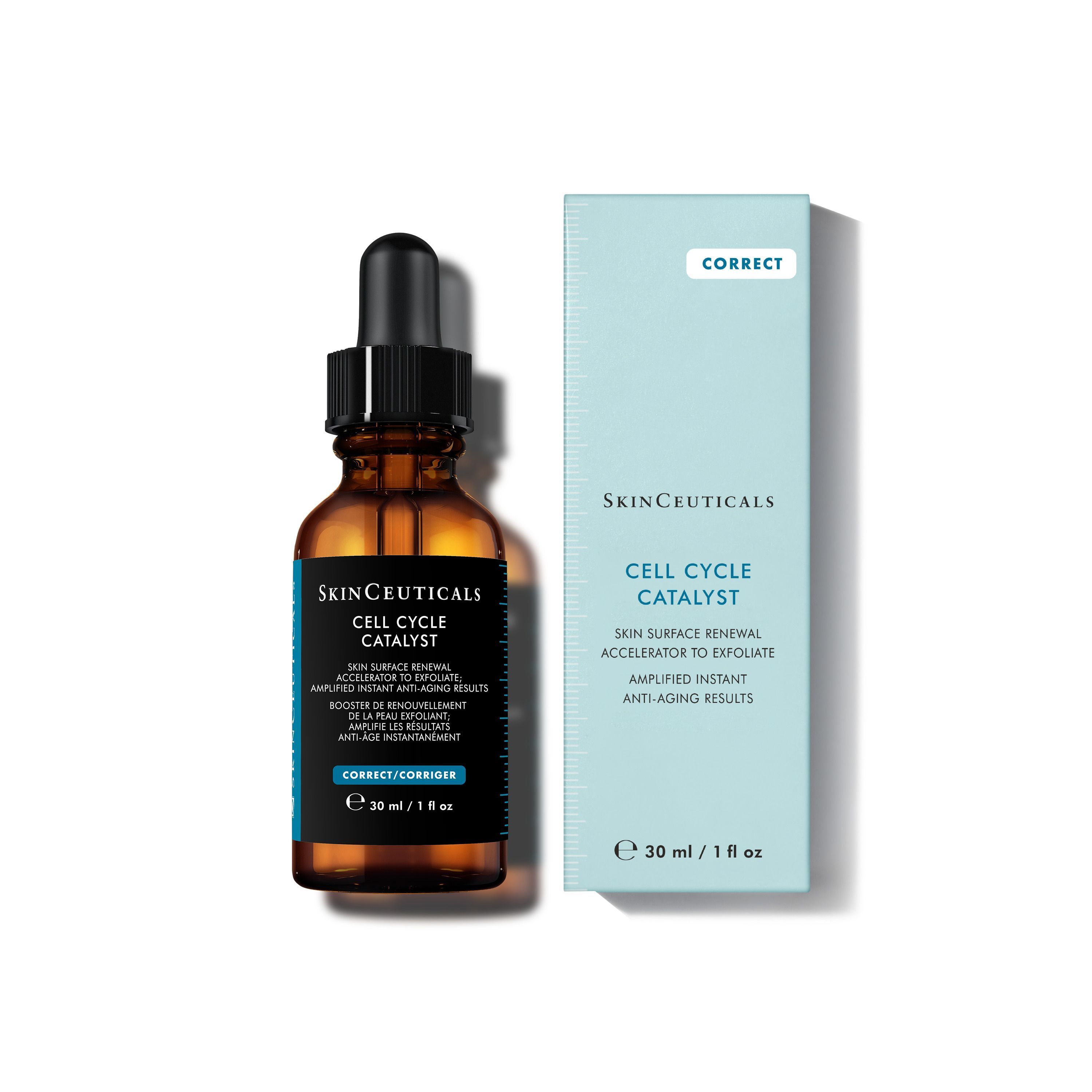 SKINCEUTICALS Cell Cycle Catalyst Flasche und Verpackung. Braune Glasflasche mit schwarzer Pipette. Blaue Verpackung.