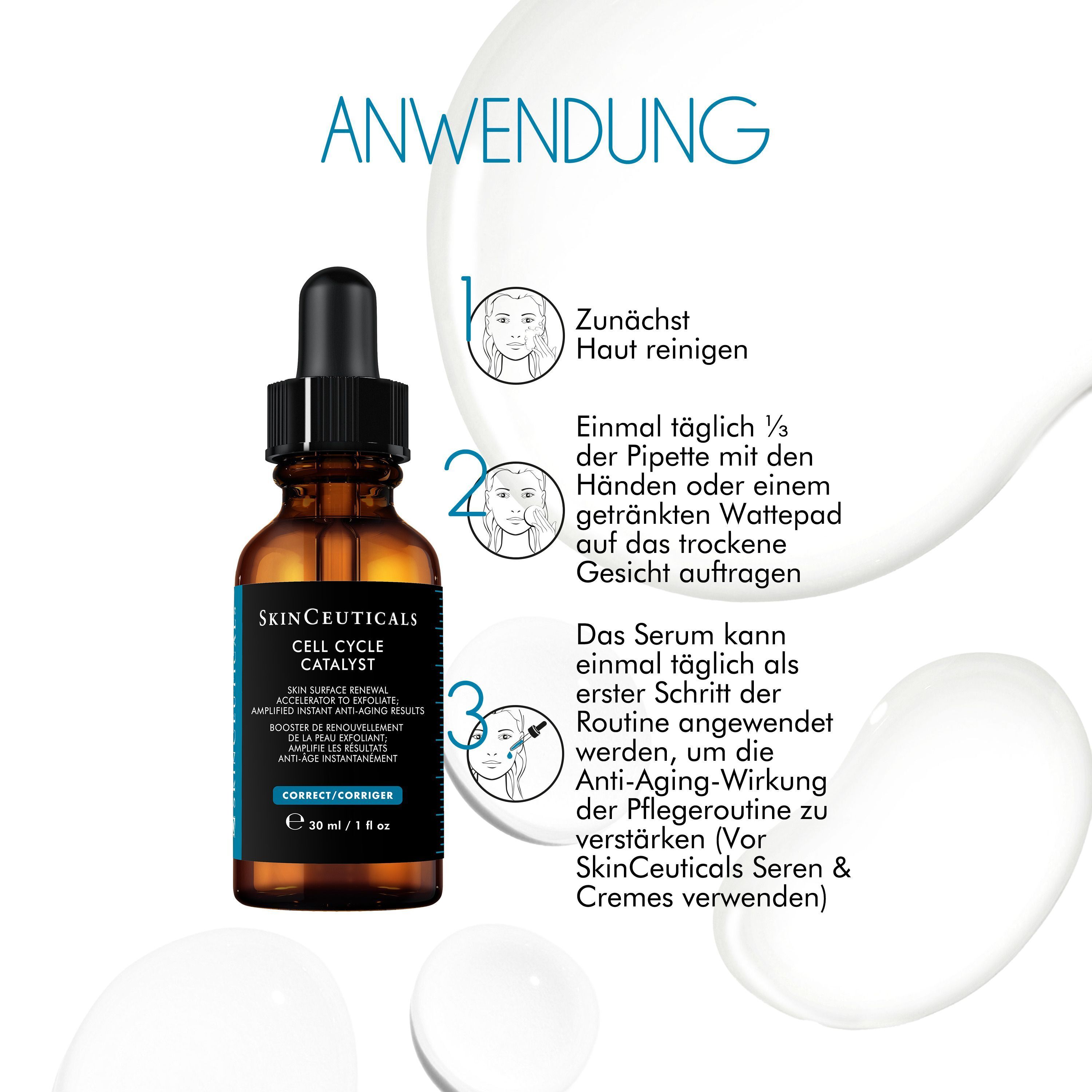 Anwendung des Serums. SKINCEUTICALS Cell Cycle Catalyst Flasche. Schritte: Haut reinigen, Serum auftragen, Serum verwenden.