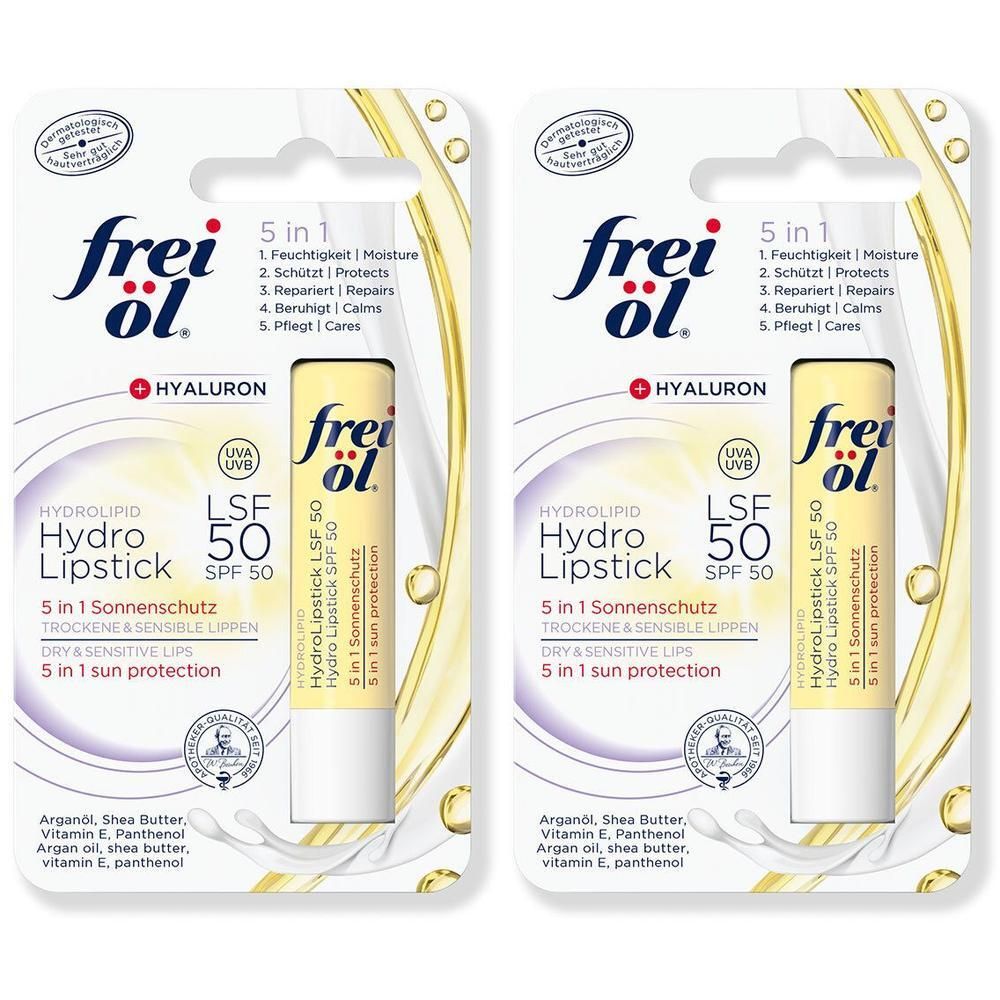 Zwei Packungen FREI ÖL Hydrolipid HydroLipstick LSF 50. Weiße Blisterverpackung mit Produkt und Produktinformationen.