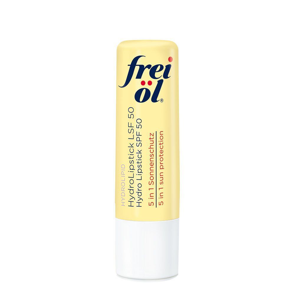 FREI ÖL Hydrolipid HydroLipstick LSF 50. Gelber Lippenpflegestift mit weißem Boden. Produktinformationen.