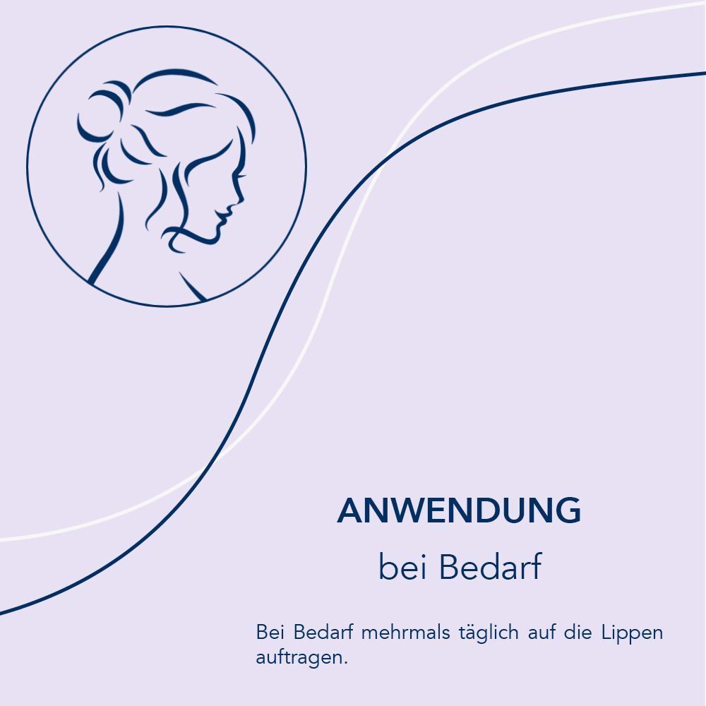 Anwendungshinweis: Bei Bedarf mehrmals täglich auf die Lippen auftragen. Grafik einer Frau.