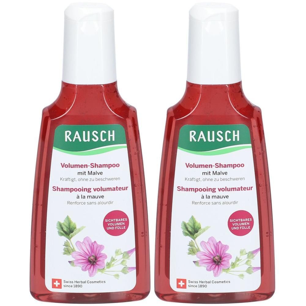 Zwei Flaschen RAUSCH Volumen-Shampoo mit Malve. Rote Flüssigkeit in durchsichtigen Flaschen mit weißem Deckel. Grün-weißes Etikett mit Produktnamen und Logo.