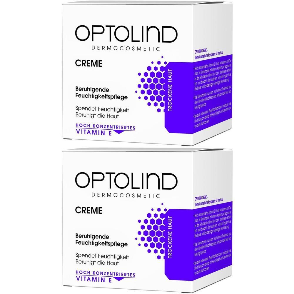 Zwei weiße Kartons mit OPTOLIND Creme-Aufdruck. Lila Muster und Text. "Beruhigende Feuchtigkeitspflege" und "Vitamin E" sind sichtbar.