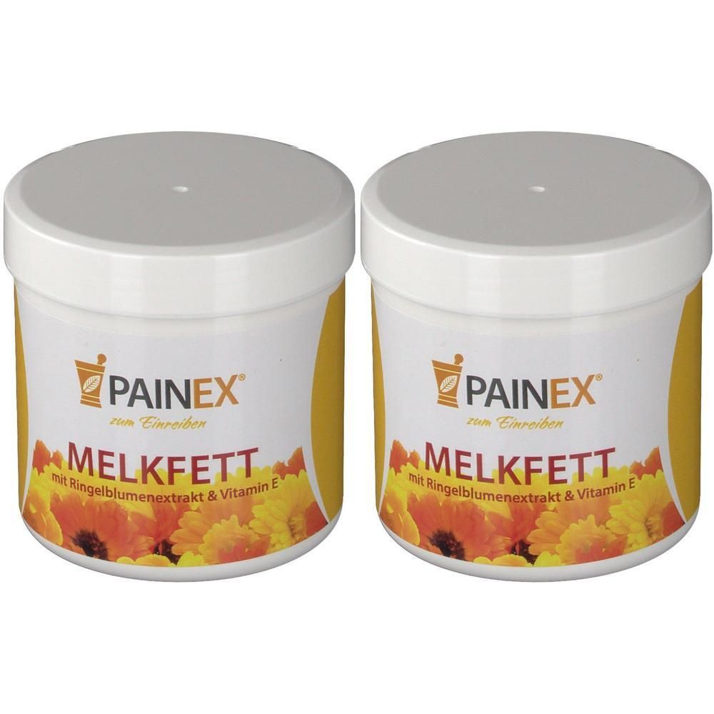 Zwei weiße Tiegel mit Deckel. Aufschrift: PAINEX, MELKFETT mit Ringelblumenextrakt & Vitamin E. Gelber Hintergrund mit Blüten.