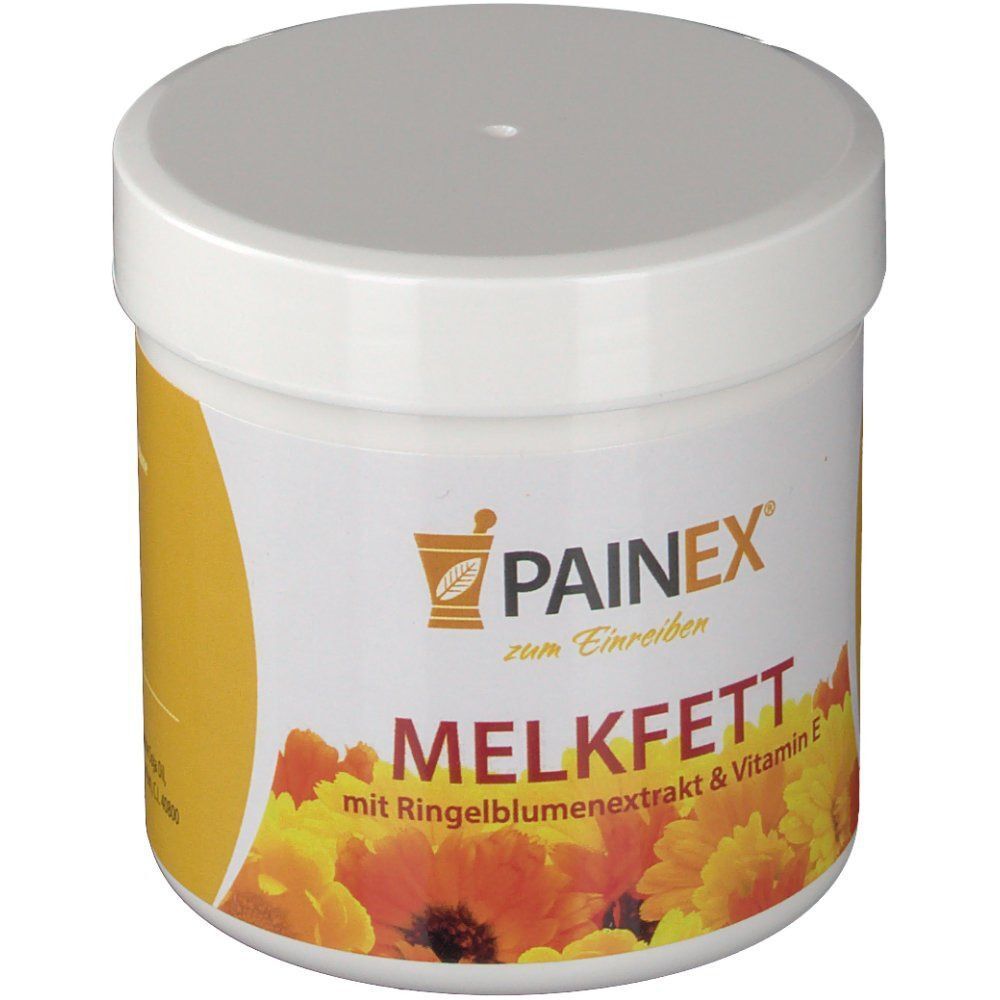Weißer Tiegel mit Deckel. Aufschrift: PAINEX, MELKFETT mit Ringelblumenextrakt & Vitamin E. Gelber Hintergrund mit Blüten.