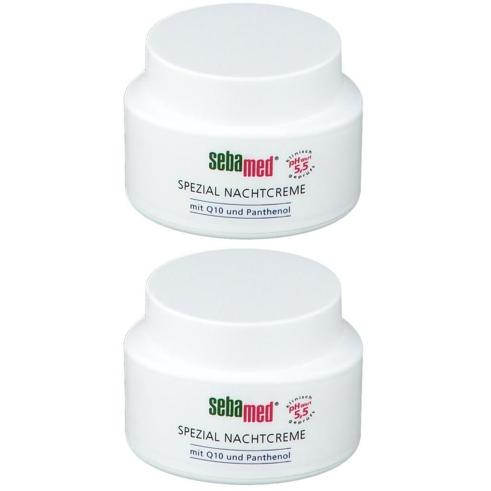 Zwei weiße Tiegel mit Deckel. Aufschrift: sebamed Spezial Nachtcreme mit Q10 und Panthenol. pH-Wert 5,5.