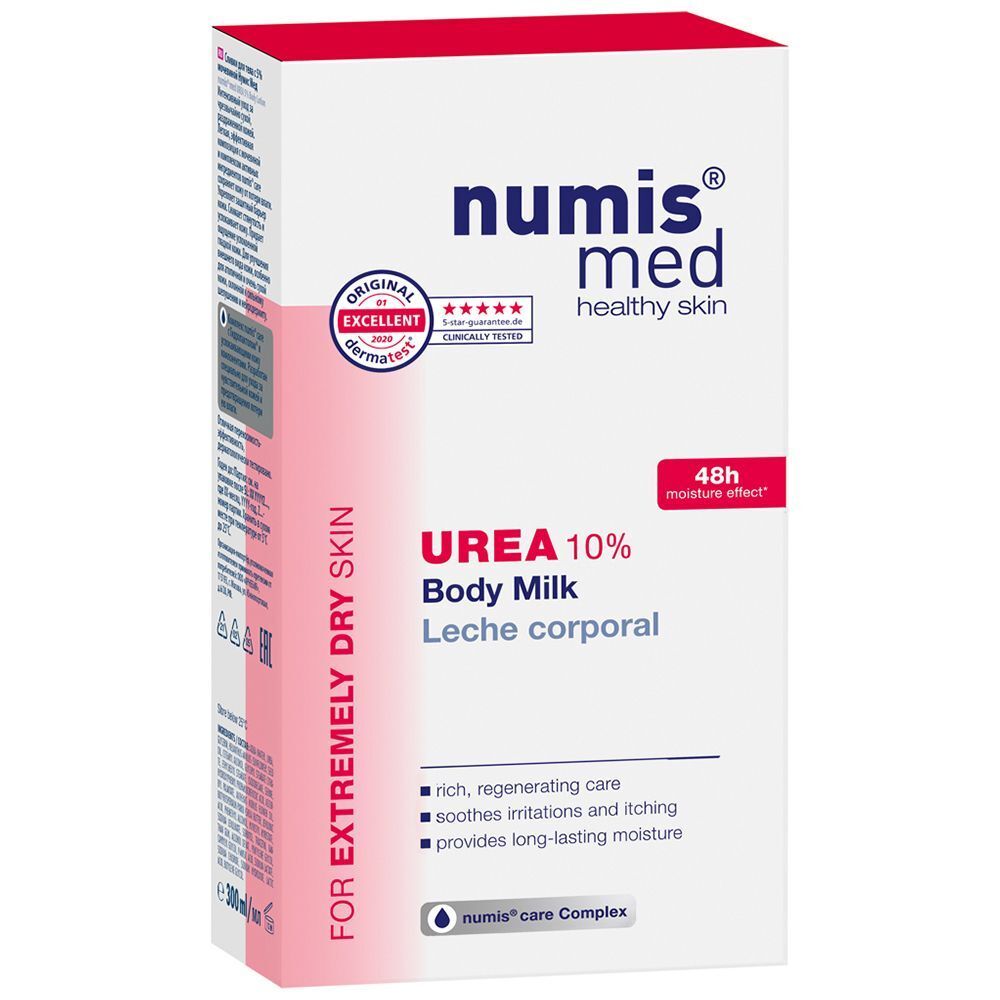 Weiße Verpackung mit rotem Deckel. Aufschrift: numis med, Urea 10% Body Milk. Für extrem trockene Haut. Medizinische Hautpflege.