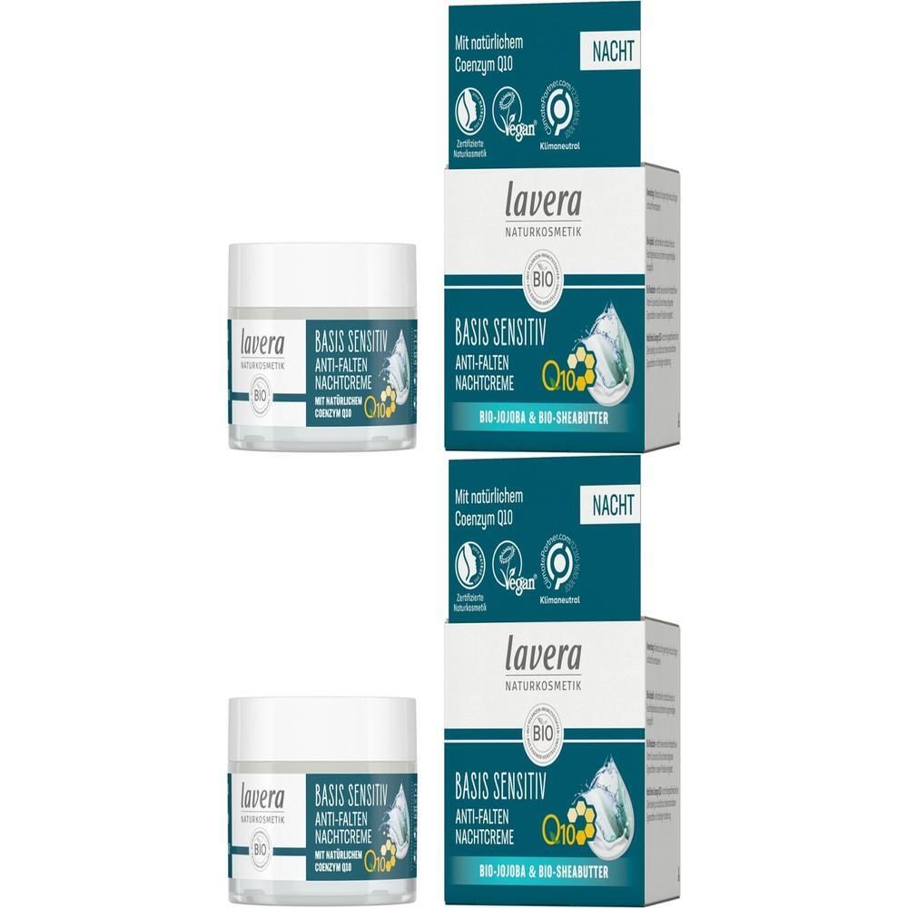 Creme-Tiegel und Verpackungen. Aufschrift: BASIS SENSITIV ANTI-FALTEN NACHTCREME. Vegan-Siegel. Bio-Zertifizierung.