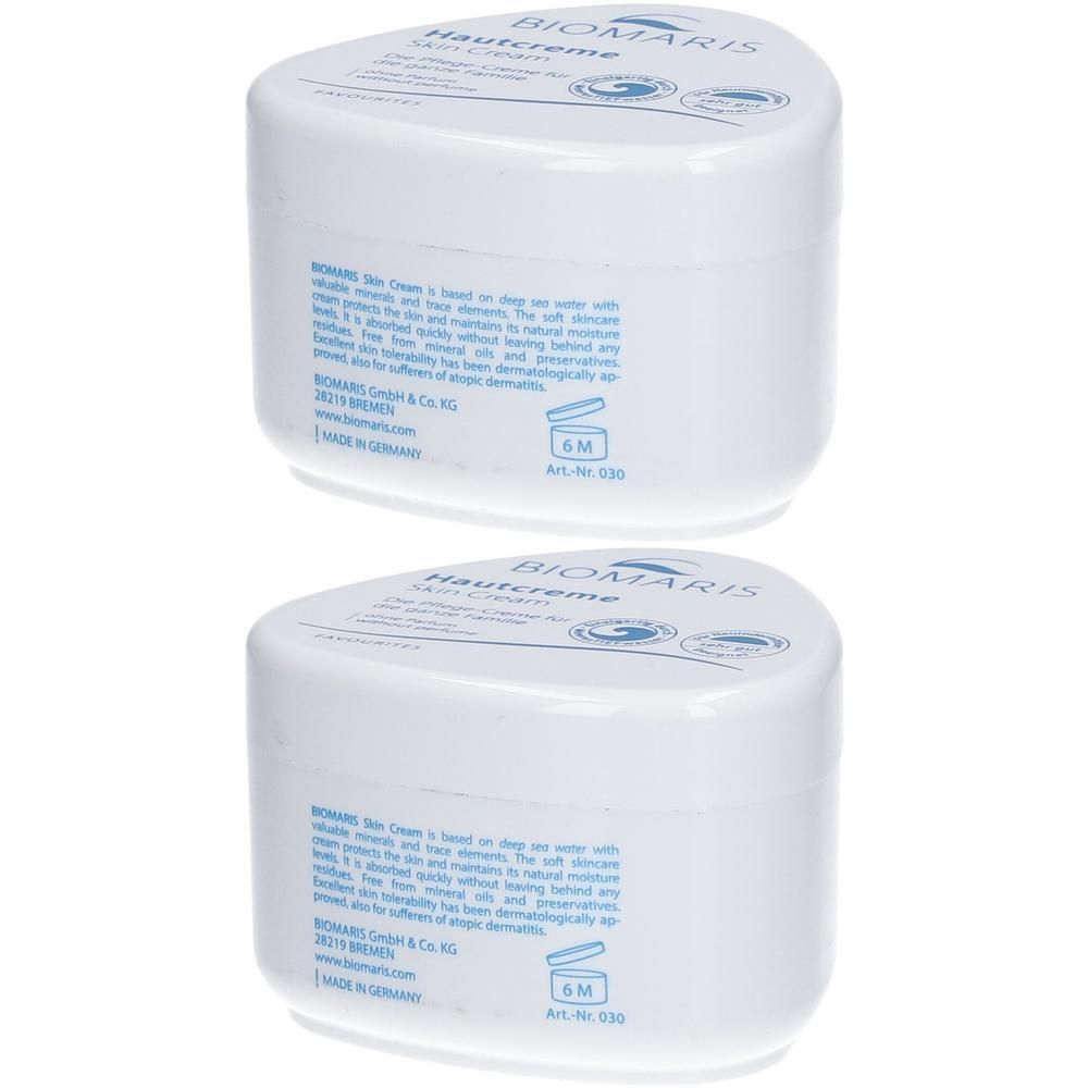Zwei weiße Tiegel BIOMARIS Hautcreme. Aufschrift: Hautcreme, ohne Parfum. 6M-Symbol. Made in Germany.