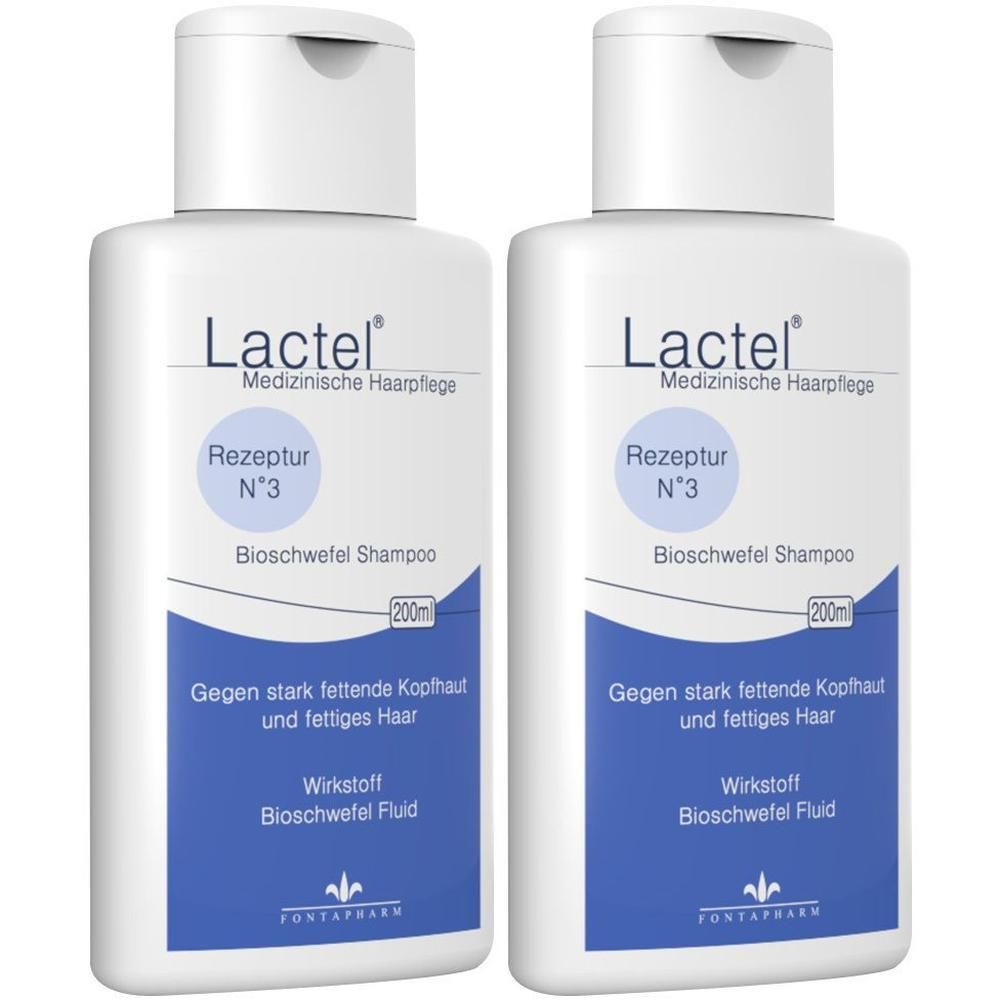 Zwei weiße Flaschen mit blauem Etikett. Aufschrift: Lactel, Rezeptur N°3, Bioschwefel Shampoo. Gegen fettige Kopfhaut und Haar.