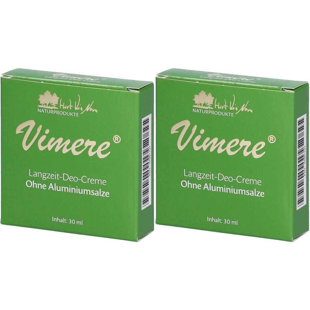 Zwei grüne Kartons mit "Vimere"-Schriftzug. Text: Langzeit-Deo-Creme ohne Aluminiumsalze. Inhalt: 30 ml. Naturprodukte.