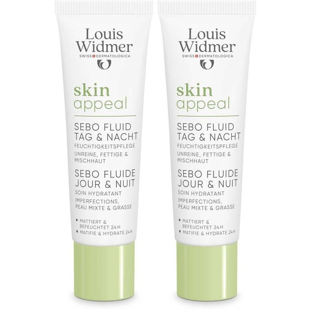 Zwei Tuben Louis Widmer skin appeal Sebo Fluid Tag & Nacht. Weiße Tuben mit grünen Akzenten und Produktinformationen.