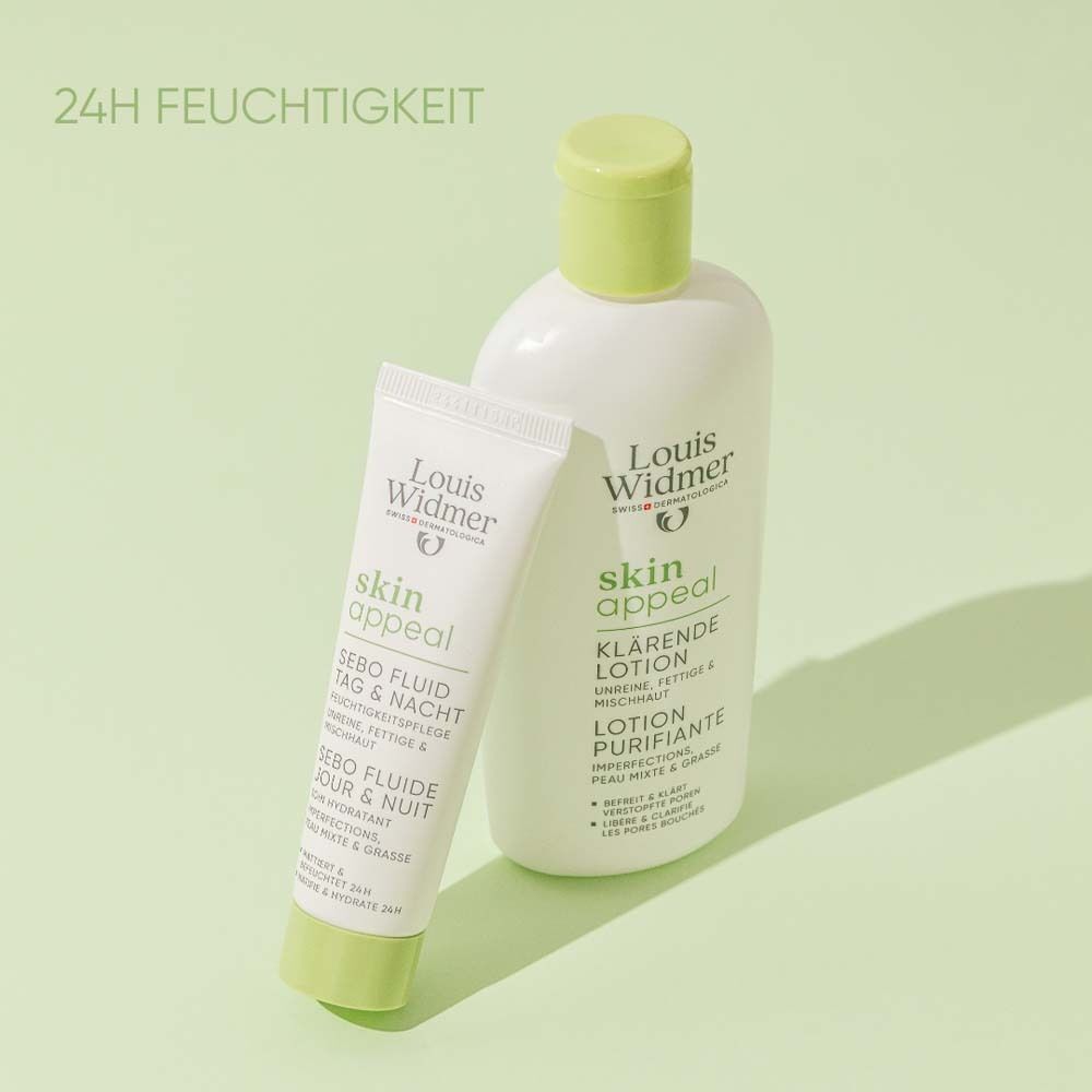 Zwei Produkte Louis Widmer skin appeal: Klärende Lotion und Sebo Fluid Tag & Nacht. Weiße Flaschen mit grünen Deckeln. Text: 24h Feuchtigkeit.