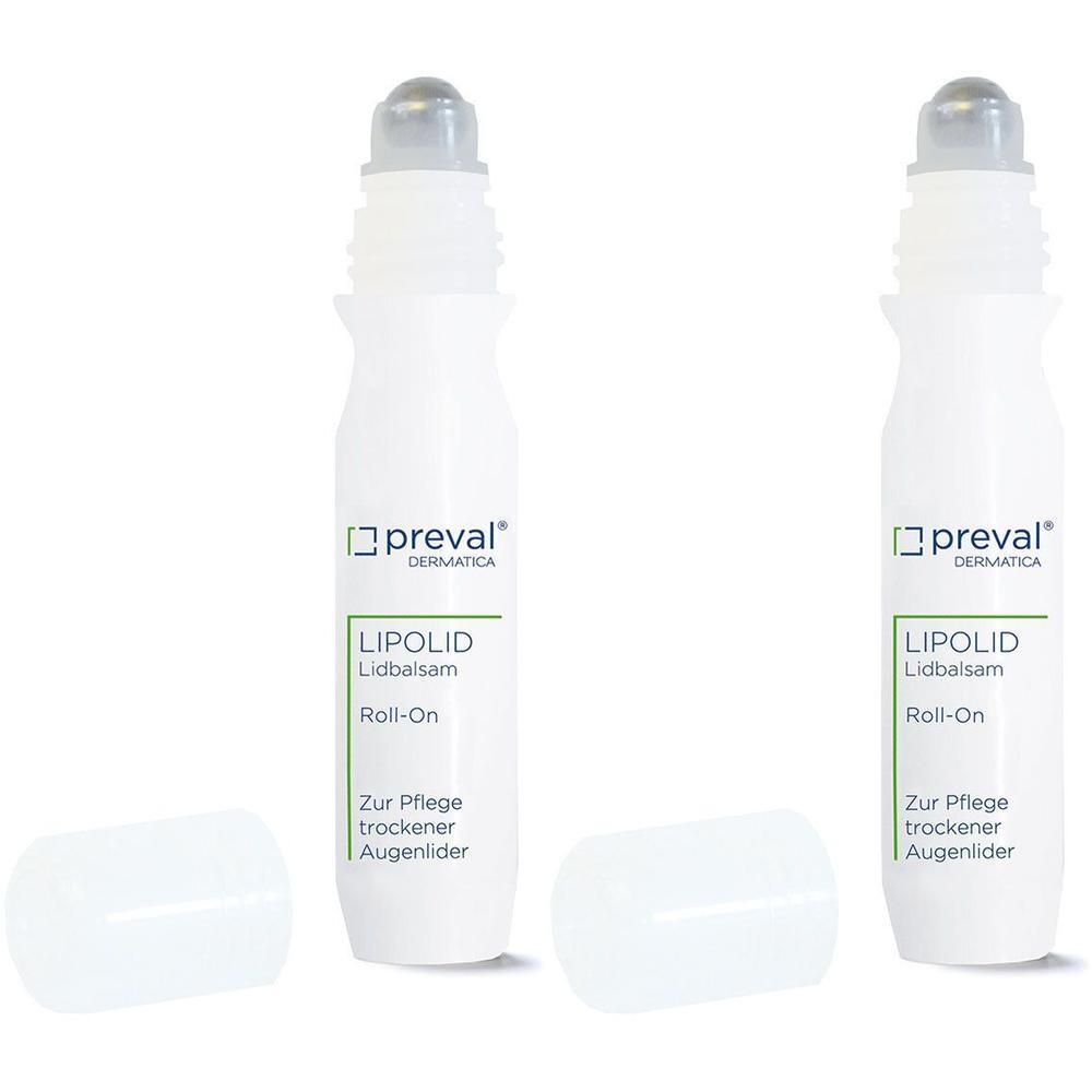 Zwei weiße Roll-on-Flaschen mit Kappen. Auf jeder Flasche steht "preval DERMATICA LIPOLID Lidbalsam Roll-On".