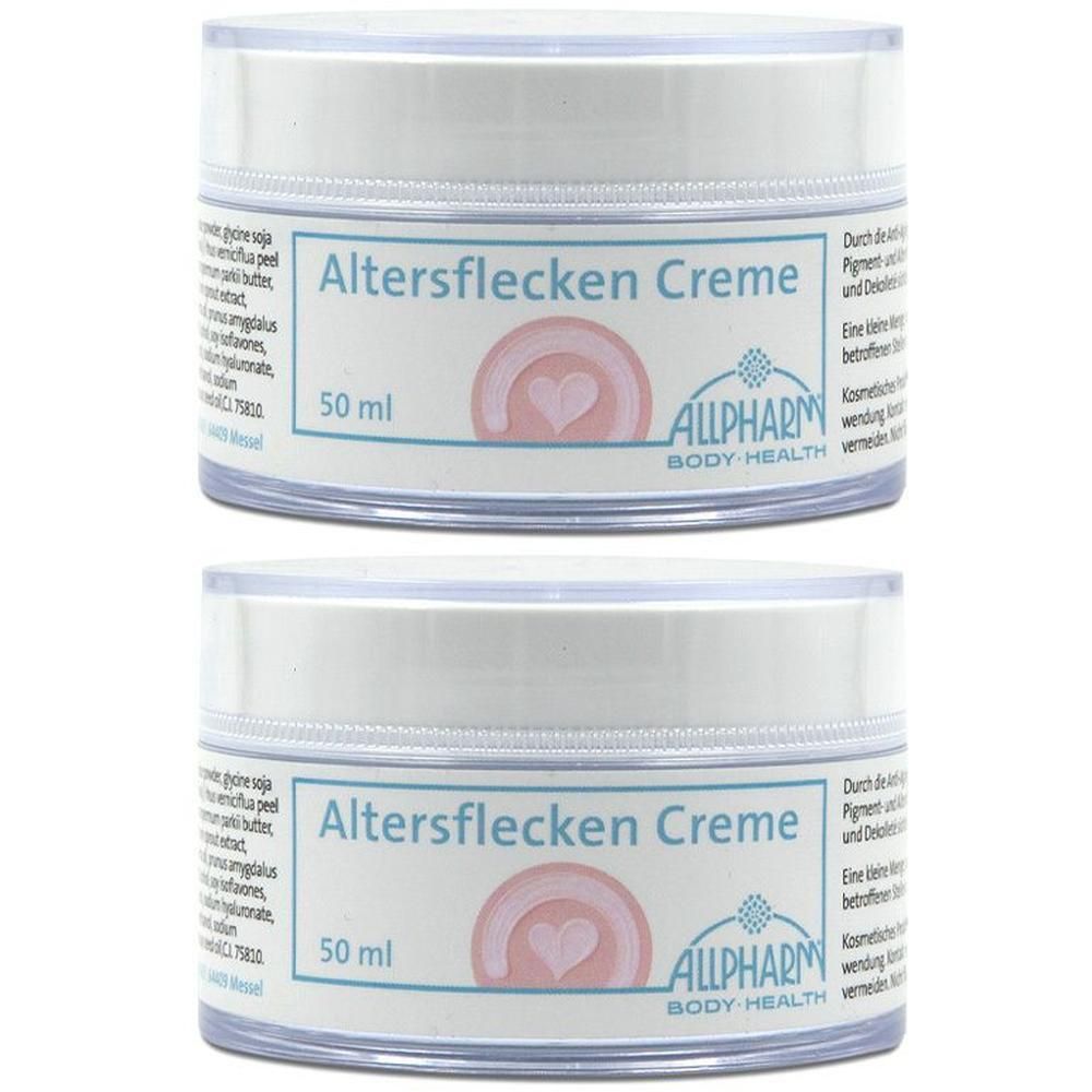 Zwei Cremetiegel mit Deckel. Aufschrift: Altersflecken Creme, 50 ml. Marke: ALLPHARM BODY HEALTH. Rosa Herz-Symbol.