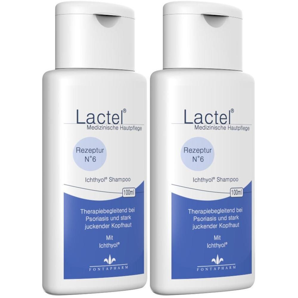 Zwei weiße Flaschen mit Klappdeckel. Aufschrift: Lactel, Rezeptur N°6 Ichthyol Shampoo. Blaue Etiketten mit Text. 100ml.