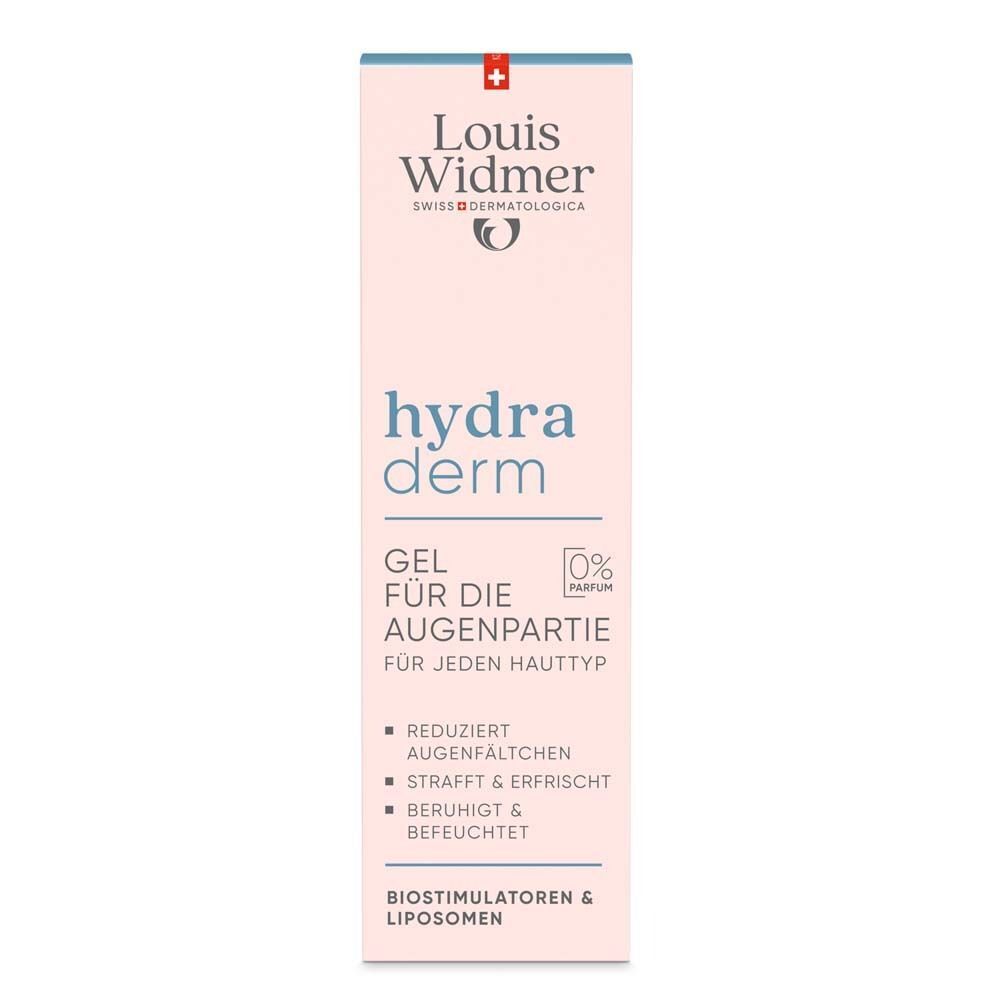 Produktverpackung. Rosa Hintergrund. Aufschrift: Louis Widmer, hydra derm, Gel für die Augenpartie. Text: Reduziert Augenfältchen.